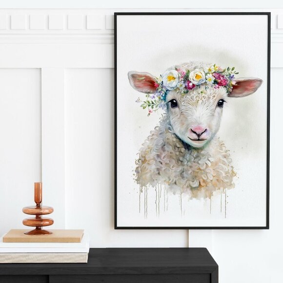 16x20 Baby Lamb Floral Crown Portrait Watercolor Oil Painting Art Poster - Picture 7 of 7